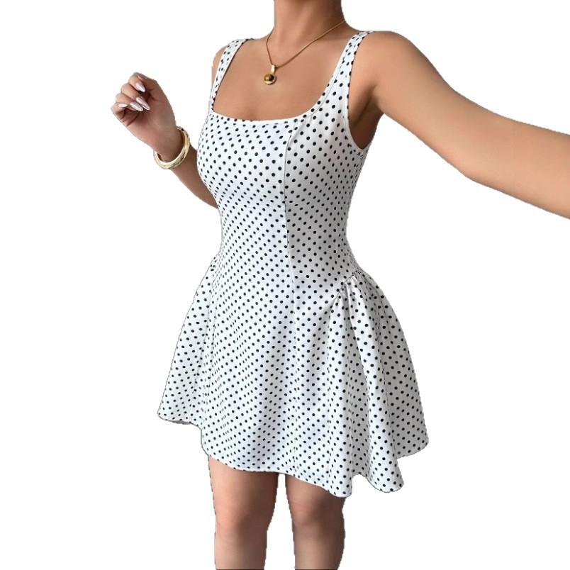 Summer Women's Polka Dot Print Mini Dress Fashion Square Collar Bohemia Bodycon Dress Sleeveless A-line Sexy White Tank Dresses