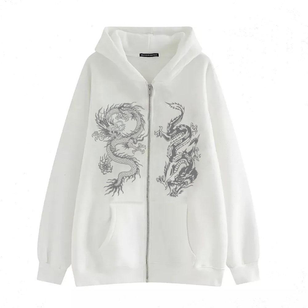 Women's Dragon Print Zipper Hoodie, 2025 European & American Trendy Loose Fleece Jacket