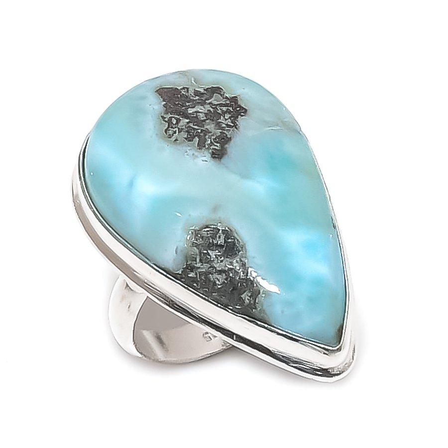 Larimar Gemstone Handmade 925 Sterling Silver Jewelry Ring Size 7.5 N6q93