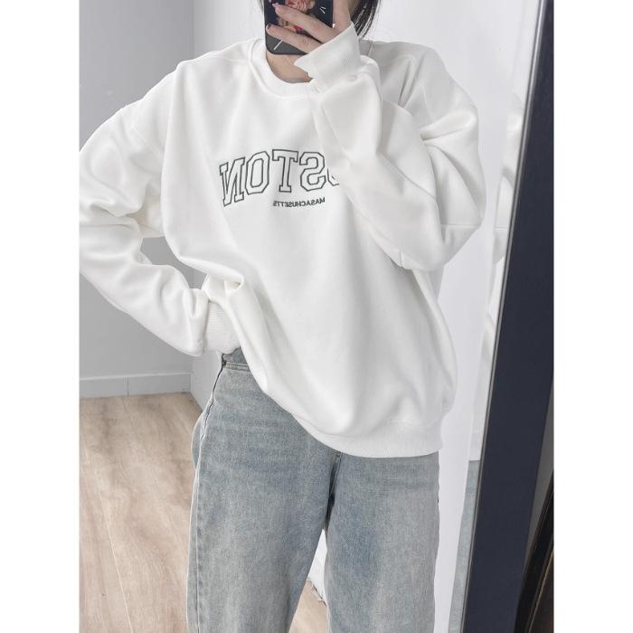 Letter print crew neck loose sweater jacket women s velvet small pullover S