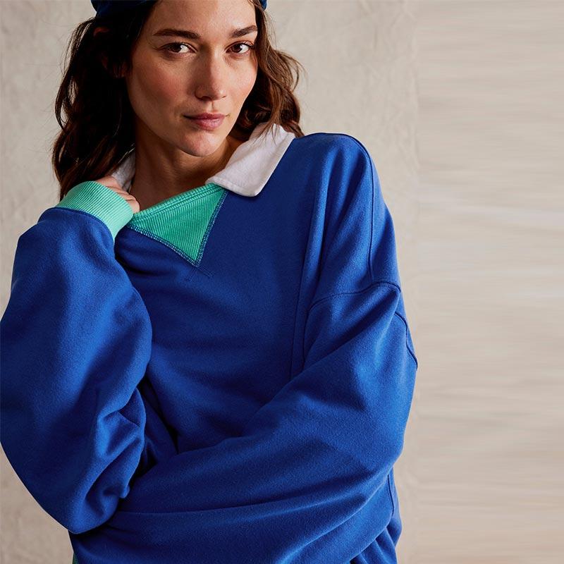 Casual Loose Contrast Sweatshirts Women Long Sleeved Round Neck Patchwork Hoodie Spring Autumn Street Style Pullover