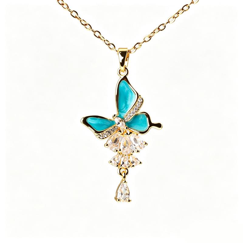 Sweet Temperament Butterfly Pendant Clavicle Necklace - Micro-inlaid Color Drip Oil, New Fashion for Women