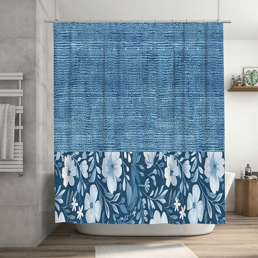 Blue Bath Mat Shower Curtain with White Floral Design for Bathroom Decor Non-Slip Rug for Bathtub Area Size: 72 x 84 Inches