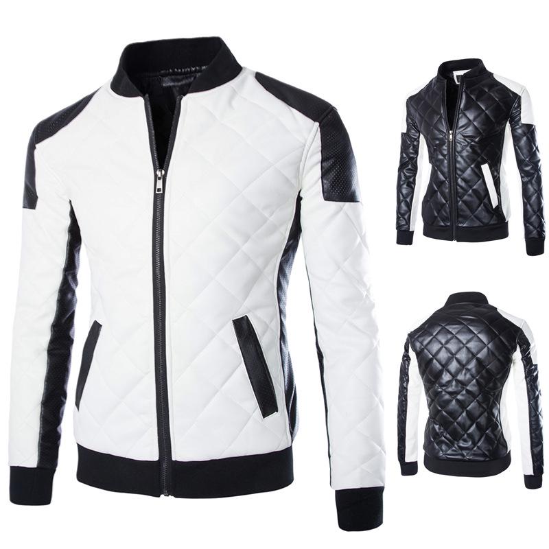Men's Slim Fit Color Block PU Leather Jacket, 2015 Autumn/Winter Collection, Plus Size, Washed Finish, Stand Collar, British Style.