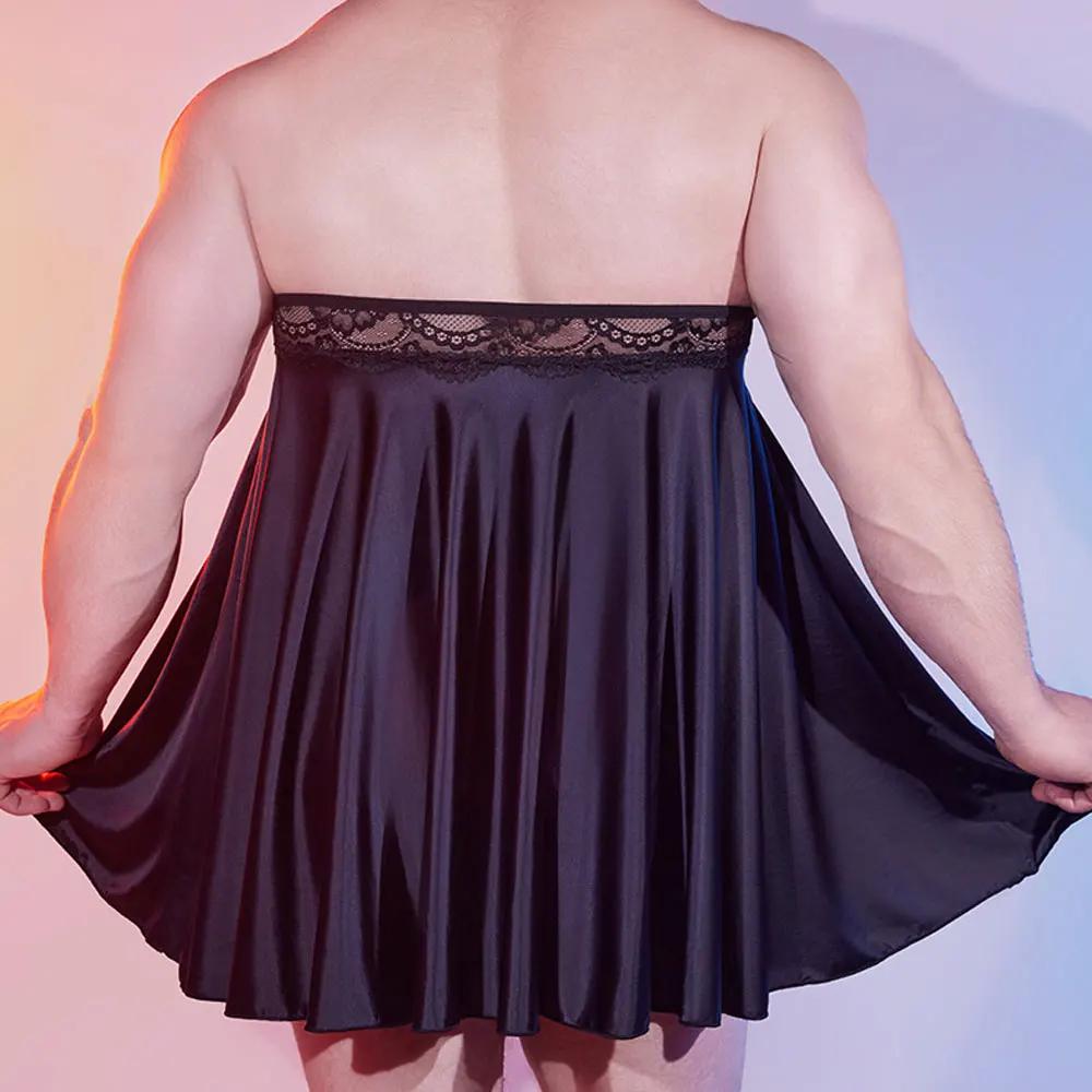 Sexy Men Lace Halter Backless Dresses High Elastic Slip A-Line Pleated Mini Micro Dresses Thin Sheer Oil Glossy Shiny Maid Dress
