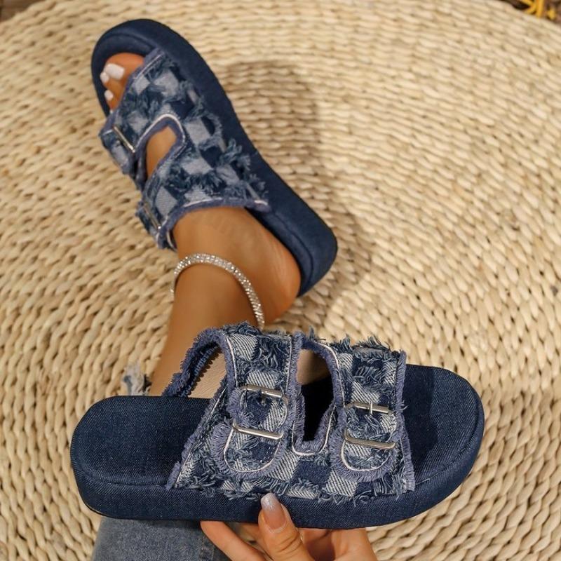 Mode Damenmode Schnallenriemen Denim Karomuster Lässige Flache Slipper 2025 Sommer Offene Zehen Ausgehöhlt Bequem Vielseitige Sandalen