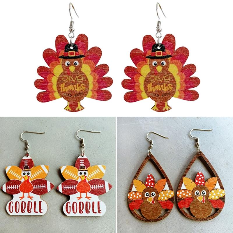 3 Styles Wooden Animal Earrings Thanksgiving Turkey Earrings Water Drop Pendant