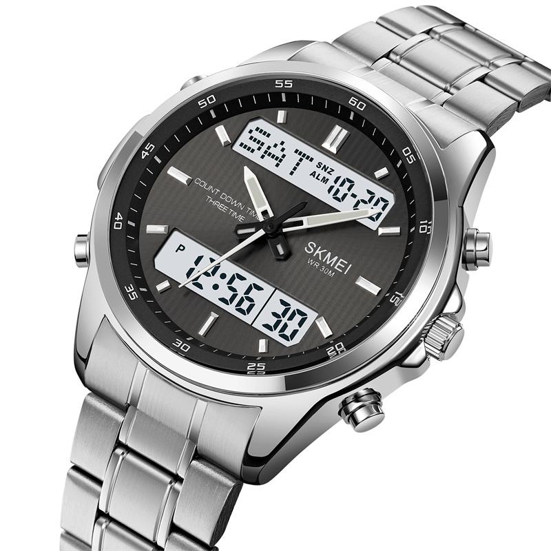 Skmei Mens Quartz Analog Bracelet Watches Luxury Stainless Steel Strap Led Waterproof Digital Sports Three Time Zone Alarm Clock