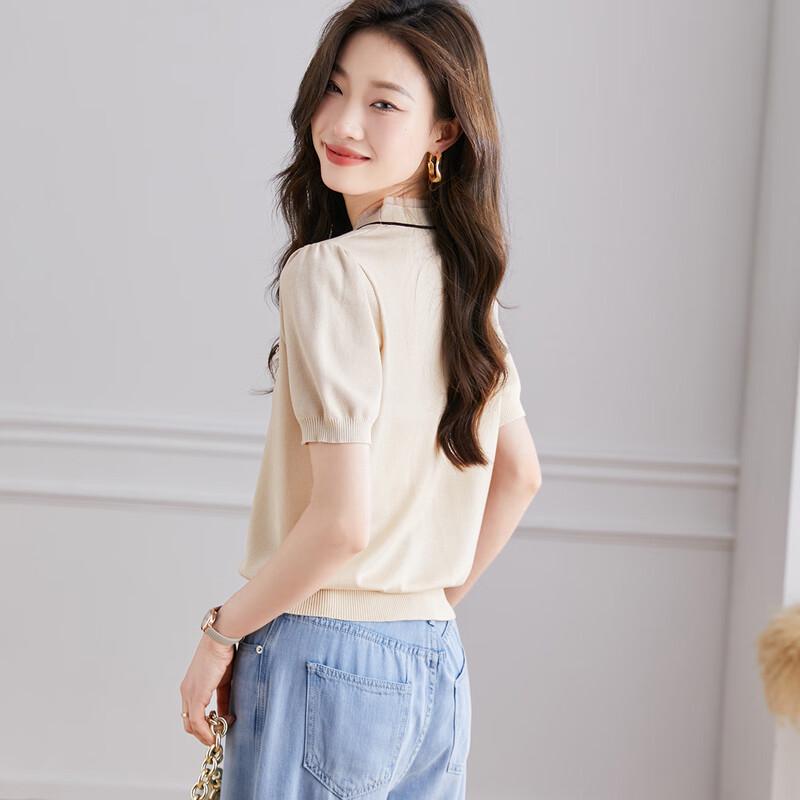 Chic Silk Blend V-Neck Knit Short Sleeve Top