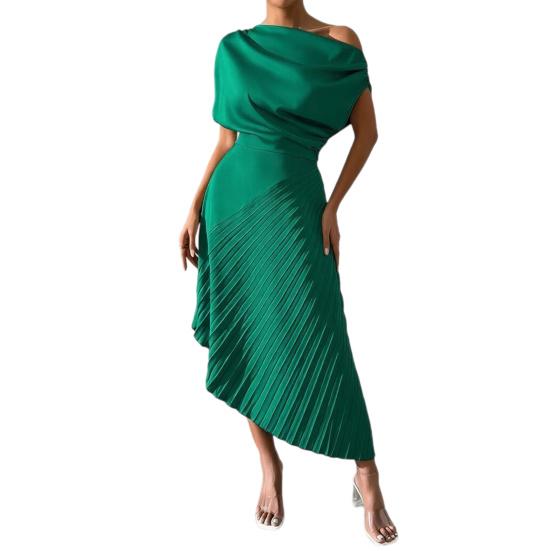 Vestido de Noche Formal Plisado para Mujer Vestido Plisado de un Solo Hombro Línea A Manga Corta Fruncido Vestido de Fiesta Cóctel