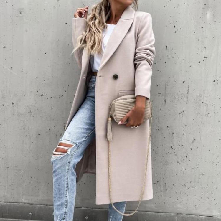 Elegant Long Blazer Suit for Women Office Winter Overcoat Button Placket Long Sleeve All Match Collar