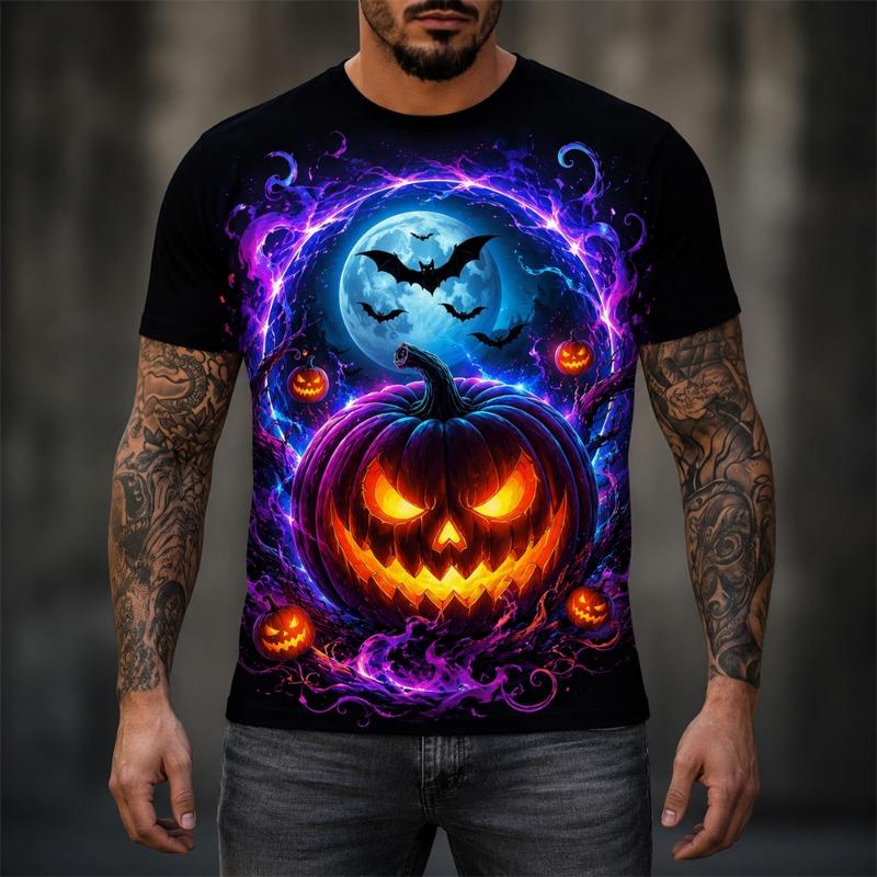3D Print Halloween Scary Pumpkin Pattern T-shirt For Men Purple Ghost At Night Novel Round Neck T Shirts Festival Gift OOTD 2026