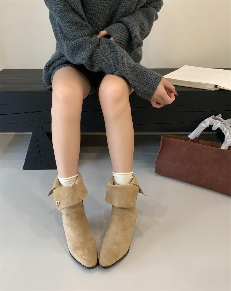 

New pointed toe matte suede medium tube western high tube thick heel knight boots short tube stacking boots women 40