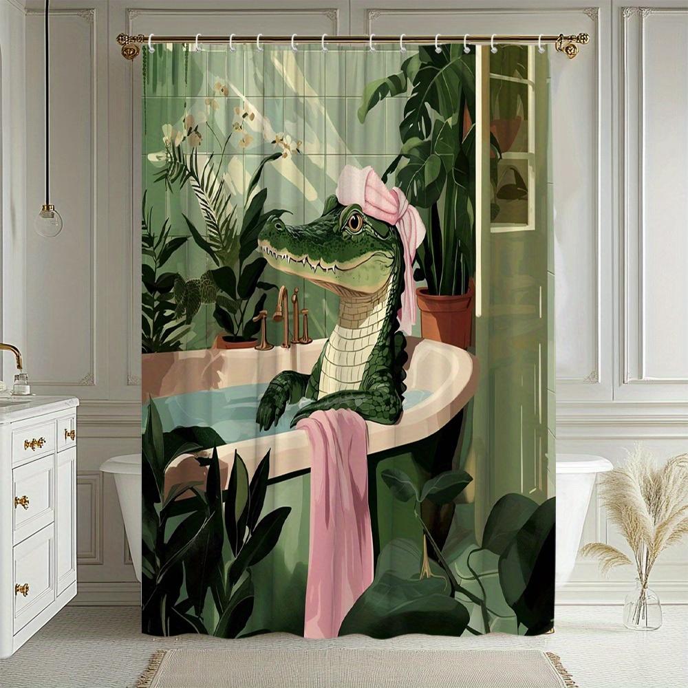 1pc Funny Alligator Pattern Shower Curtain Plant Theme Bathtub Partition Hanging Curtain Suitable for Bathroom Decoration Polyes