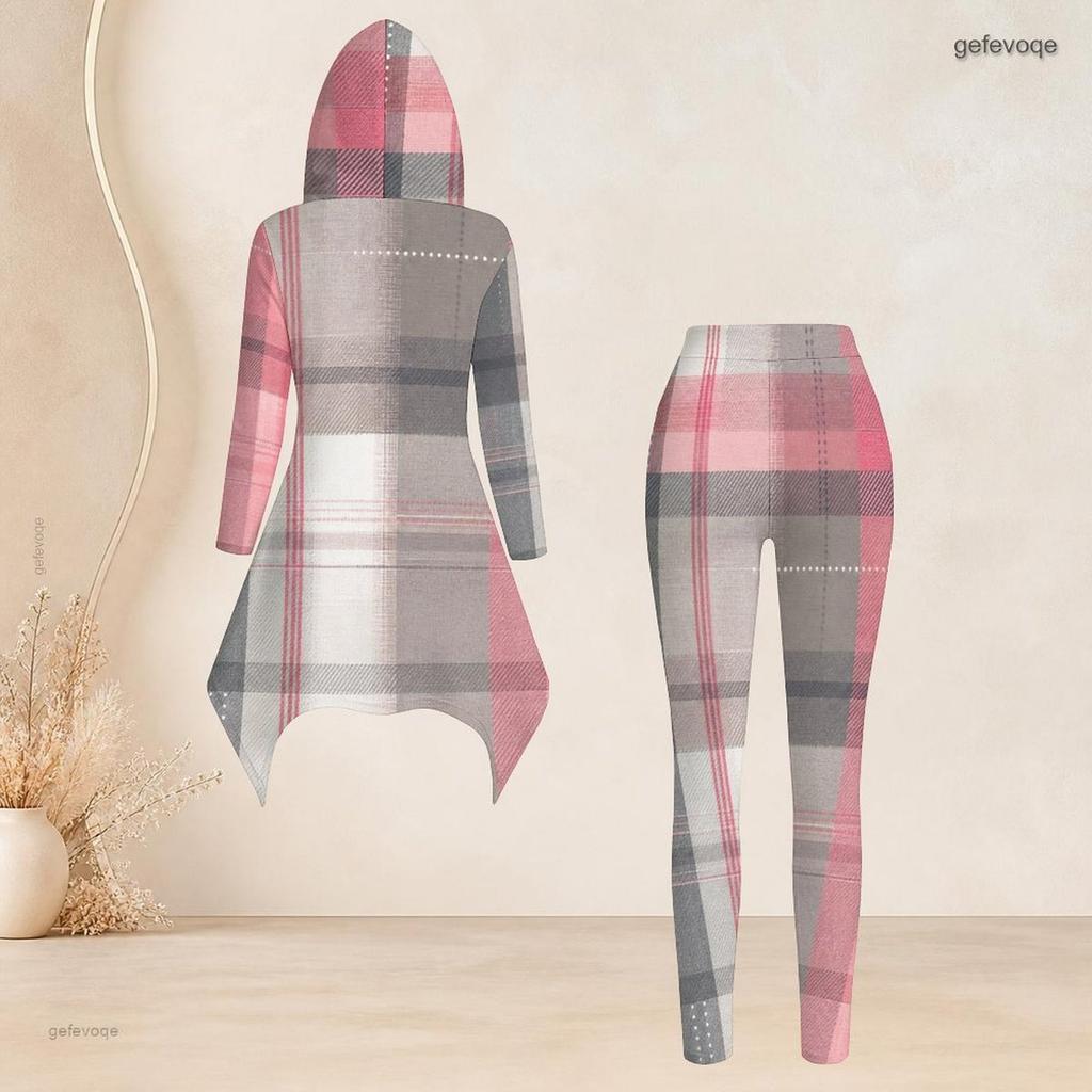 Women Plus Size Hooded Long Sleeve Purple Pink Plaid High Low Top And Fitted Pants Two Piece Set