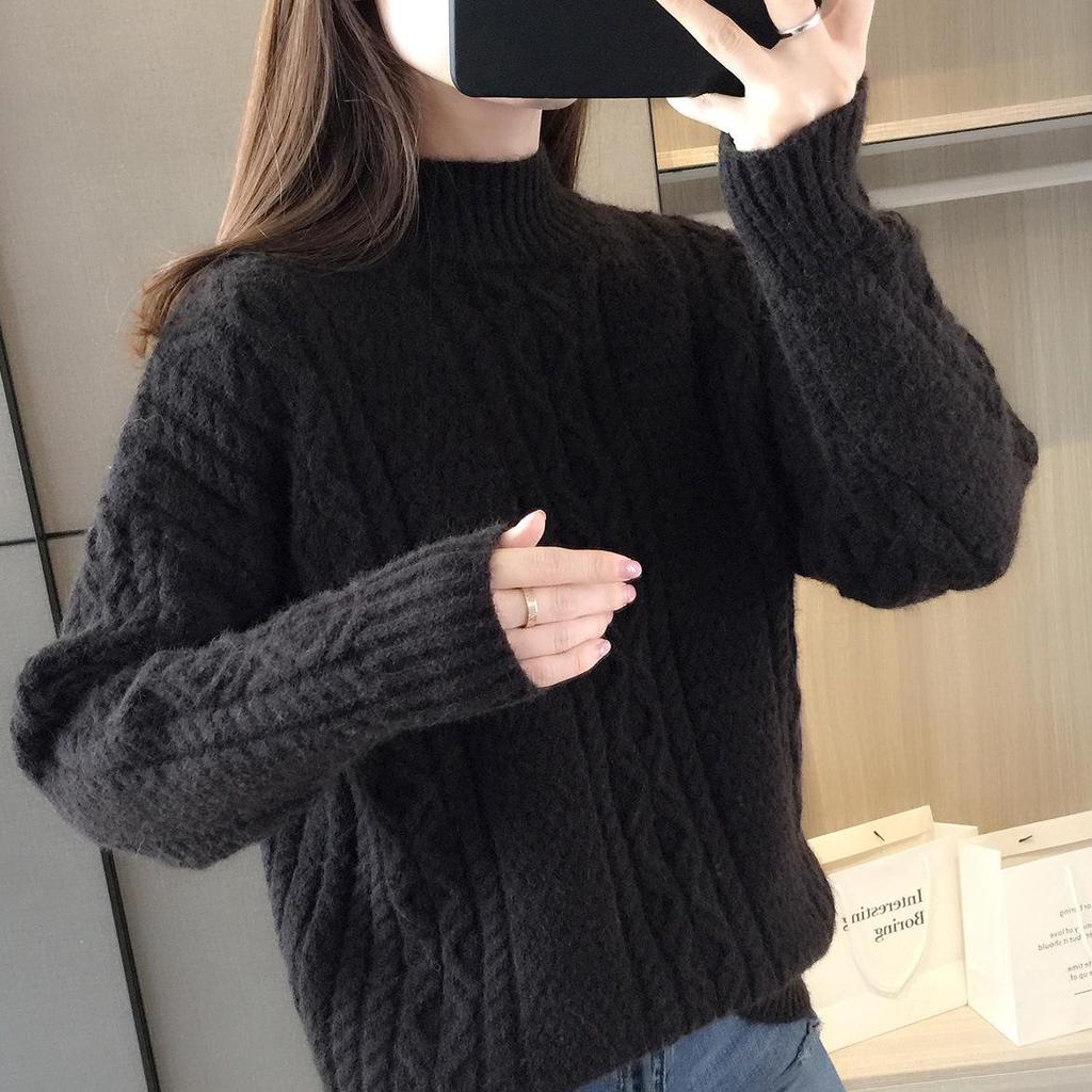 Women's High-Neck Cable Knit Sweater, 2021 Loose Fit Korean Style for Autumn and Winter