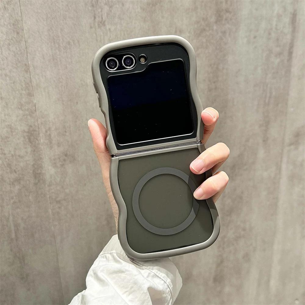 Curly Wavy Frame Hard Translucent Matte Clear Cover For Samsung Galaxy Z Flip 6 5 4 3 5G For Magsafe Magnetic TPU Phone Case