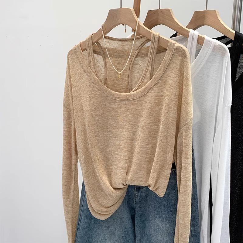 Summer fashion sunscreen suit women's oat color white meat loose long-sleeved blouse Spice girl sleeveless vest