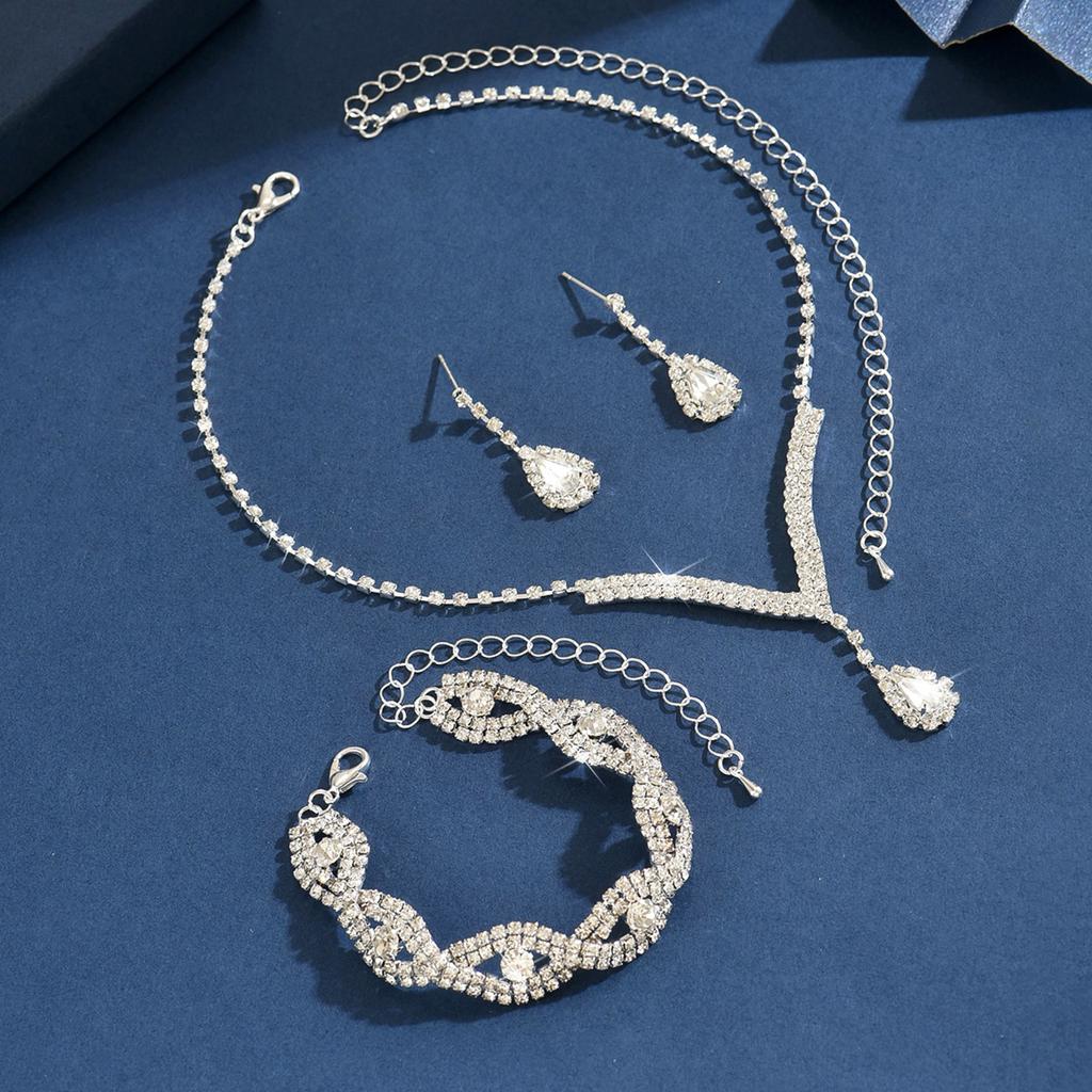 4PC Women's Fashion Water Drop Necklace Earrings Bracelet Zircon Set Suitable for Wedding, Party, Festival Gifts