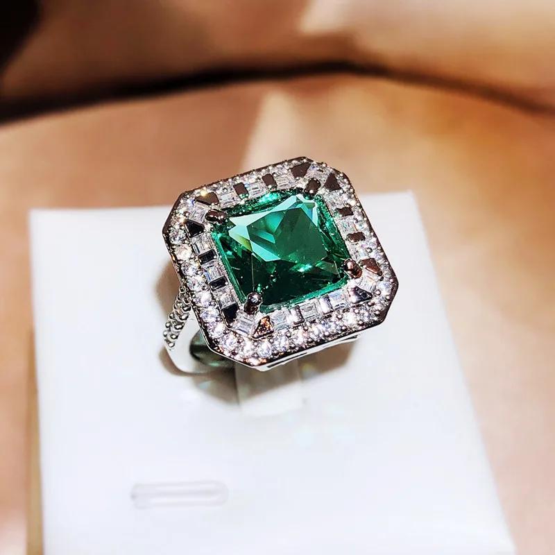 Exquisite Square Zircon Lab Emerald Claw Rings  Sterling Silver For Ladies Fashion Wedding  Party Cocktail Gift