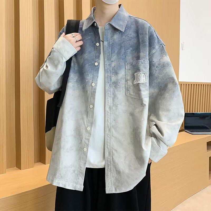 Men Loose Large Size Gradient Turn Down Collar Long Sleeve Casual Shirt Jacket