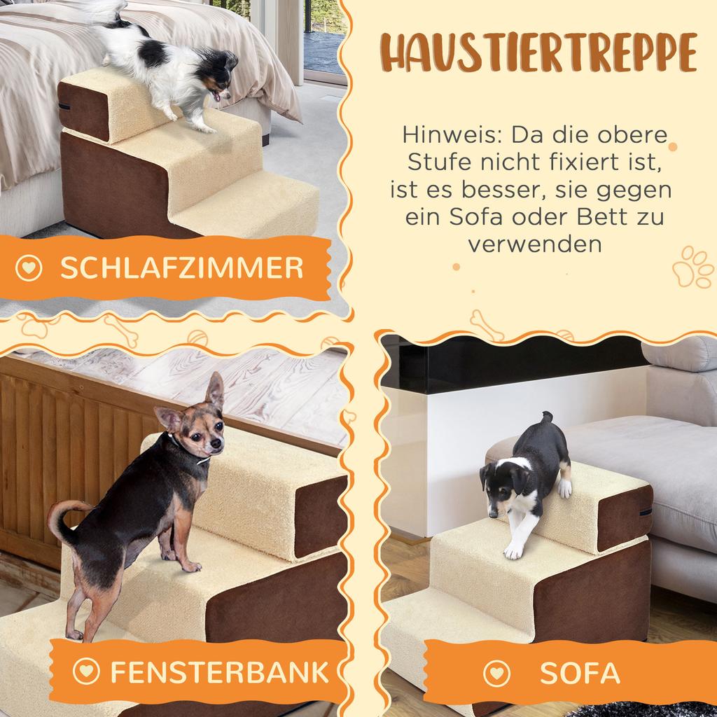 Pet Stairs Dog Stairs Cat Stairs 3 Steps for Cats and Dogs Plush Beige 54 x 40 x 39cm