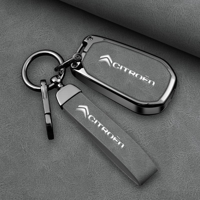 Zinc Alloy Leather Car Flip Key Case Cover Shell Fob Key Emblem Badge For Citroen C3 C4 CACTUS C6 C8 Keychain Accessories akh256