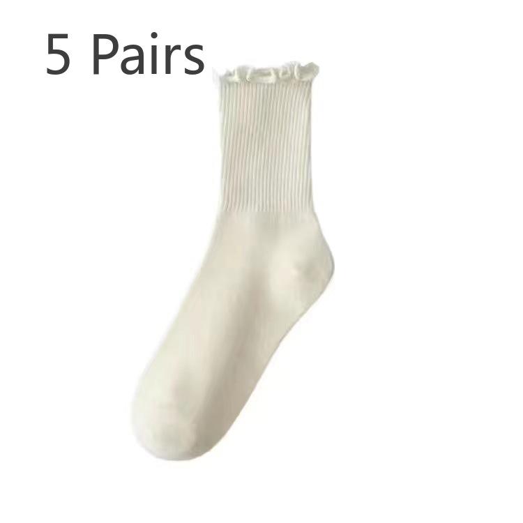 

5 пар белых кружевных носков для женщин на лето, женские носки до середины икры с черным краем, школьный стиль, универсальные махровые носки Jk 5 pairs молочный белый