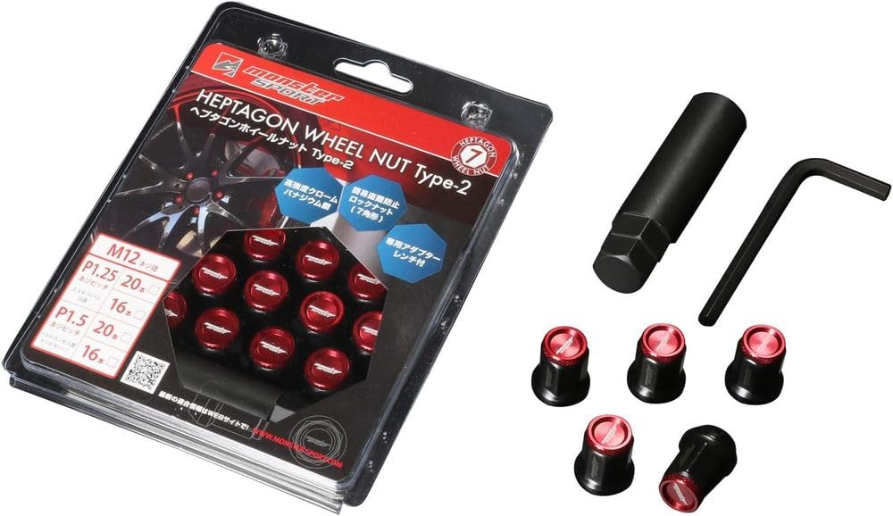 MONSTER SPORT Heptagon Wheel Nuts M12 x Set of for Kei Compact and Type-2, P1.5, 16, Red, Cars, Cars, Toyota, Honda, Mazda, Mitsubishi, Daihatsu,