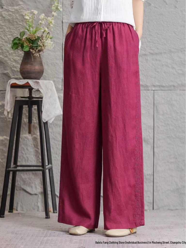 Women's Casual Linen Embroidered Wide-Leg Trousers, Summer 2026 Fashion, Slimming Loose Fit, Large Size Available