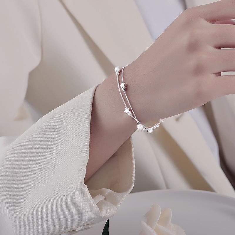 925 Sterling Silver 8-Inches Star Beaded Bracelet for Women, Fashion Charm, and Wedding Jewelry
