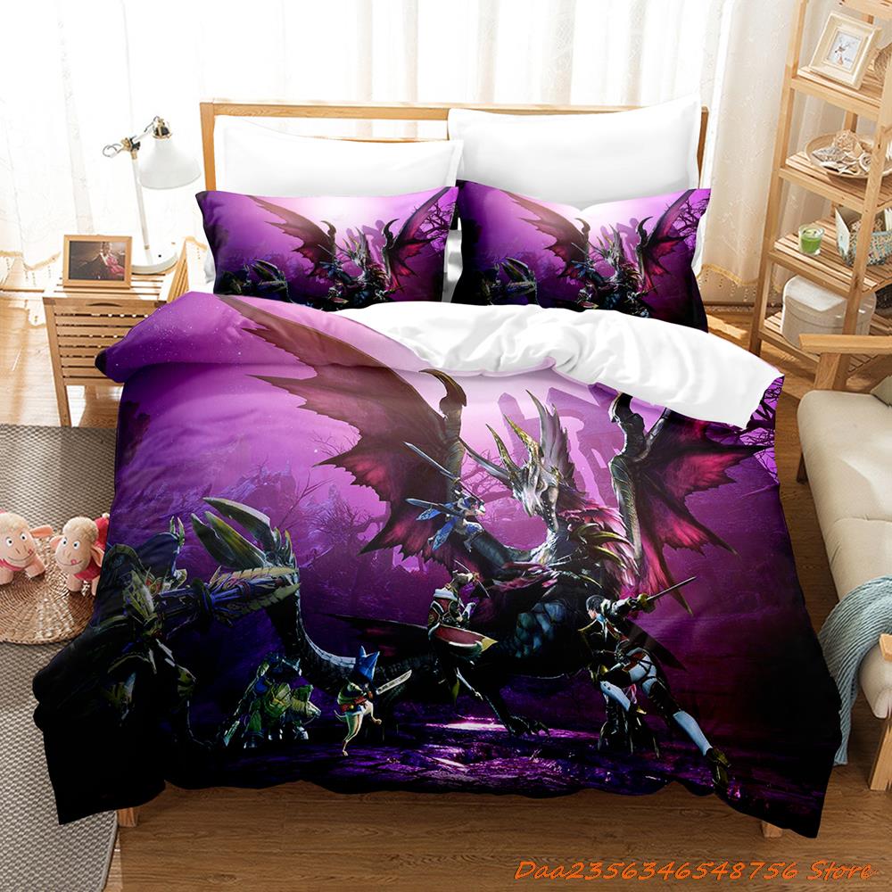 Comforter Personelity Monster Hunter Rise Bedding Set Cartoon Anime Three-Piece Set Adult Kid Bedroom Three-Piece Suits 3D Game Monst