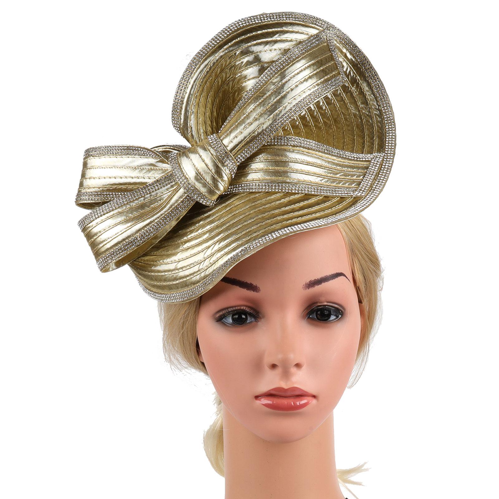 

Шляпка-фасинатор для чаепития, обруч для волос для вечеринки, свадьбы, для женщин, со стразами, с бантом, фасинатор, повязка на голову, преувеличенная церковная шляпка золотой