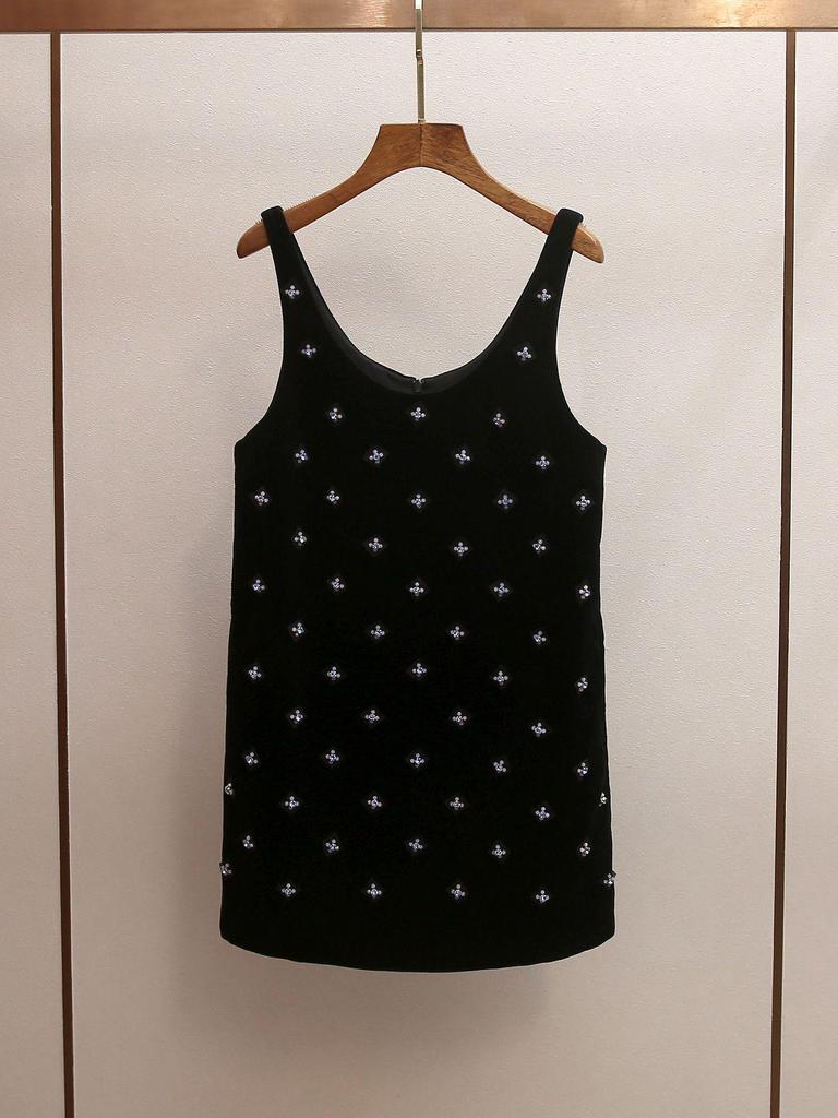 Spring High-End Women's Straight Strap Dress with Heavy Beading - Elegant Socialite Style