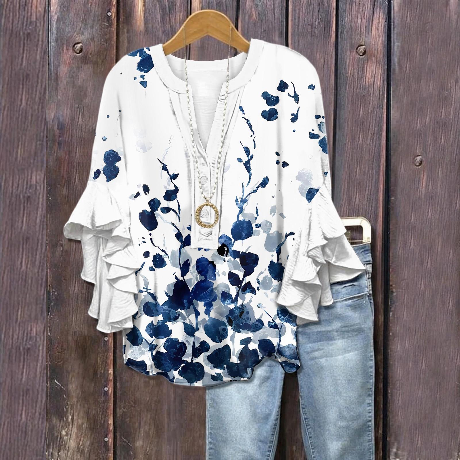 

Літні топи для жінок Милі блузки з V-подібним вирізом та рукавом 3/4 Принтований топ Повсякденні сорочки S білий