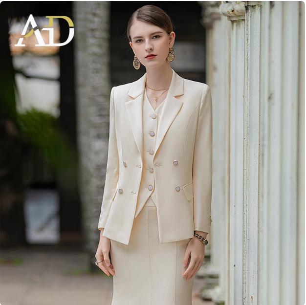 AD Women's High-End Light Beige Cinched Waist Suit: Spring 2025 Blazer & Vest Three-Piece Set