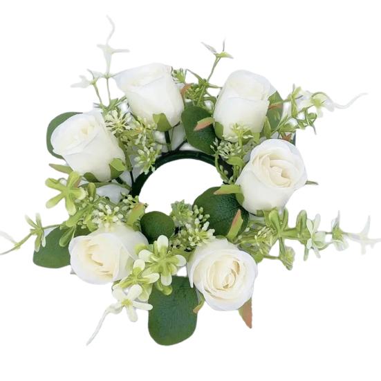 Artificial Rose Candle Ring Wreath Faux Silk Floral Wedding Centerpiece Rustic Fake Rose Candle Holder for Christmas Home Table Decor