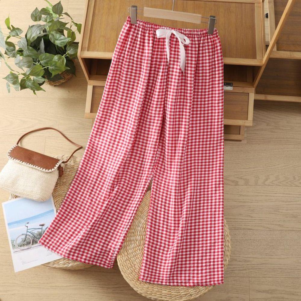 Sweet Plaid Pajama Pants High Waist Wide Leg Home Trousers Soft Casual Pants Women Spring Autumn