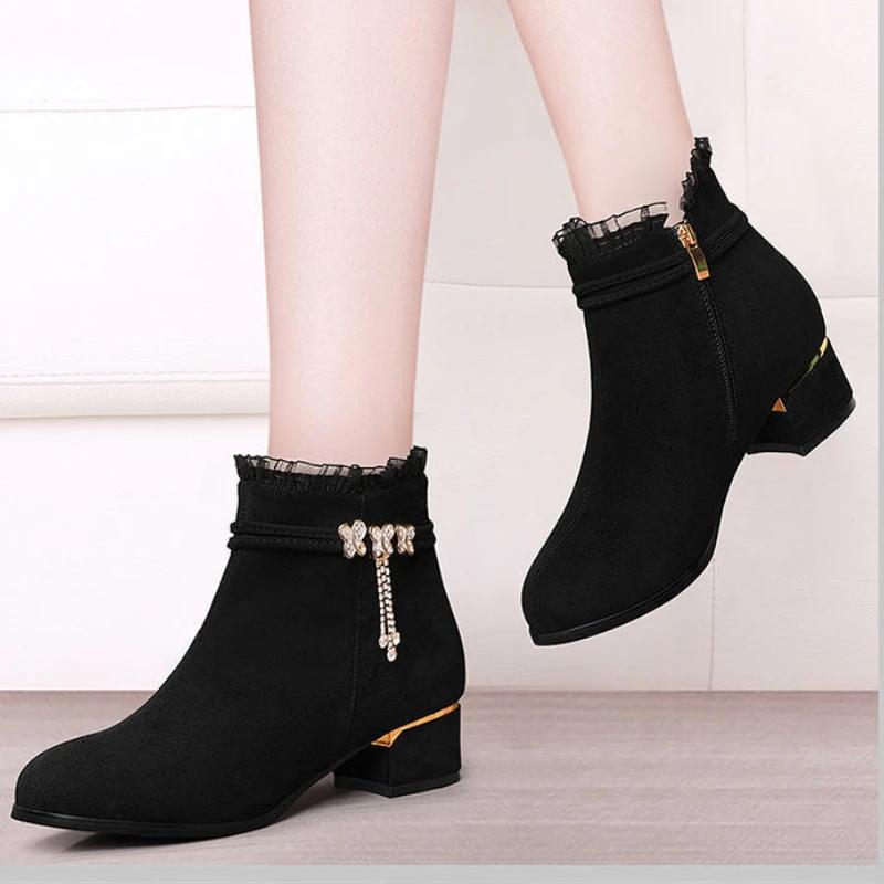 Women'S Bow Rhinestone Short Boots Round Head Chunky Heel Shoes Side Zip Tassel Pendant Comfortable Non-Slip Party High Heels