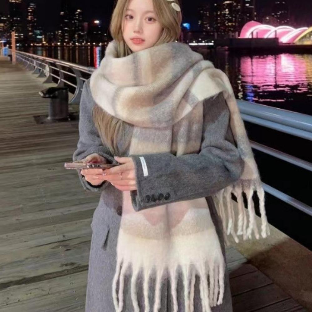 Tassel Plaid Wool Scarf Mohair Long Shawl Elegant Winter Cashmere Scarves  Student