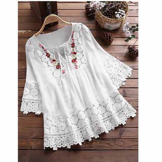 Summer Women Casual Solid Tops Shirt Cotton and Linen Stitching Lace Flower V-neck Loose Top Blouse New Elegant Holiday Shirts