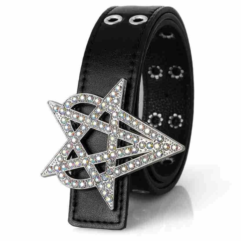 Punk Style Riveted Belt Men Women Y2K Inlaid Rhinestone Stars Buckle Bright Flash Gothic Air Eye Hollowed Vintage Waistband Belt