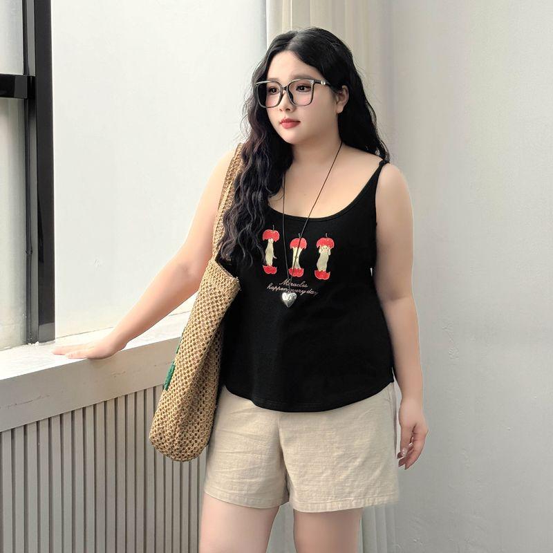 

Plus size women clothing [Sweet Cool Gyaru Sling] Design Cartoon Apple Print 100.00kg Summer Vest Top Night Sky Black 7xl