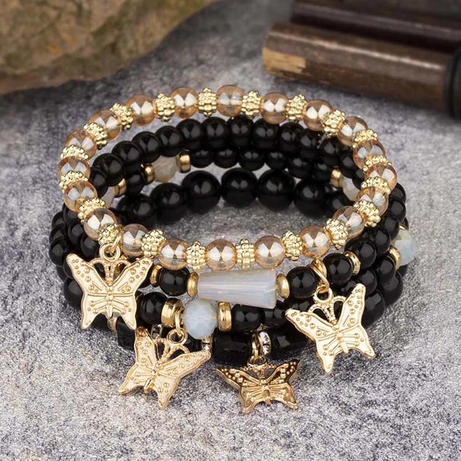 4PCS Bohemia Butterfly Charm Bracelet Set For Women Acrylic Beads Elastic Chain Bangle Men Wristband Fashion Party Jewelry Gift