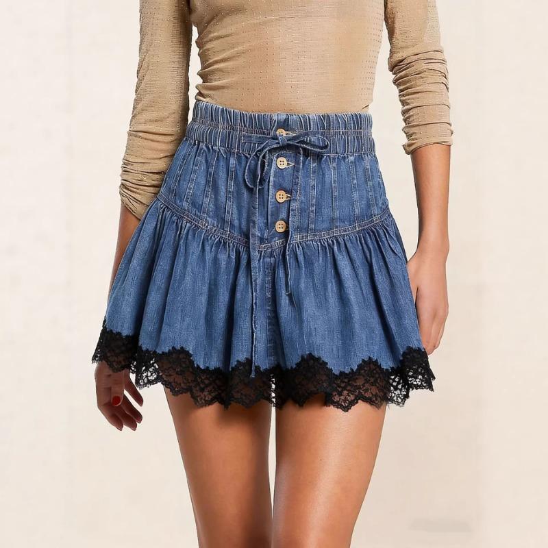 Blue Elastic Waist Denim A Line Midi Skirt With Lace Trim And Anti Peep Shorts