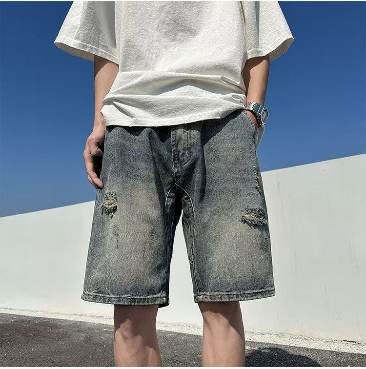 Jeans Trendy Five-point Pants New Ripped Zipper Men's Middle Waist Washing Summer Trend Straight Feet Literary Youth Popular