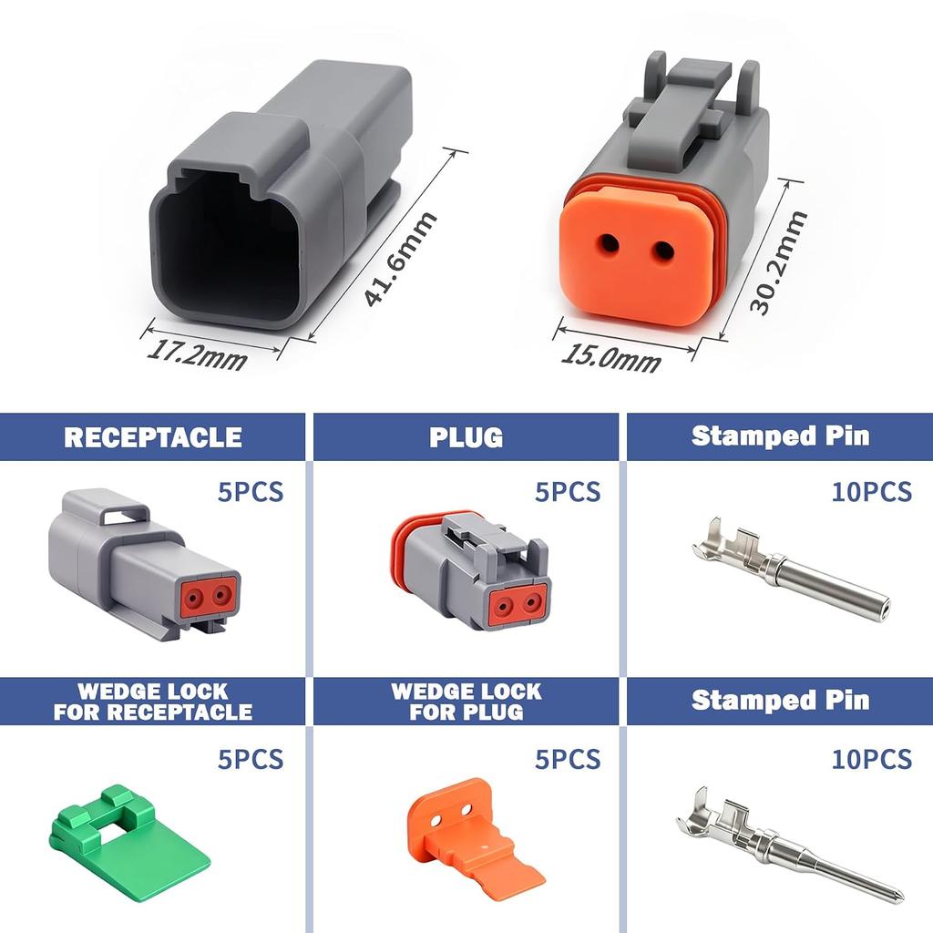 Deutsch DT 2 Pin Connector Kit 2pin Waterproof Automotive Wire Connectors | Gray Waterproof Electrical Wire Connector for Cars,