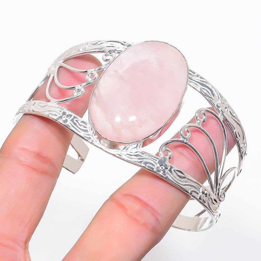 

Natural Rose Quartz Gemstone 925 Sterling Silver Cuff Bangle Adjustable h4H01
