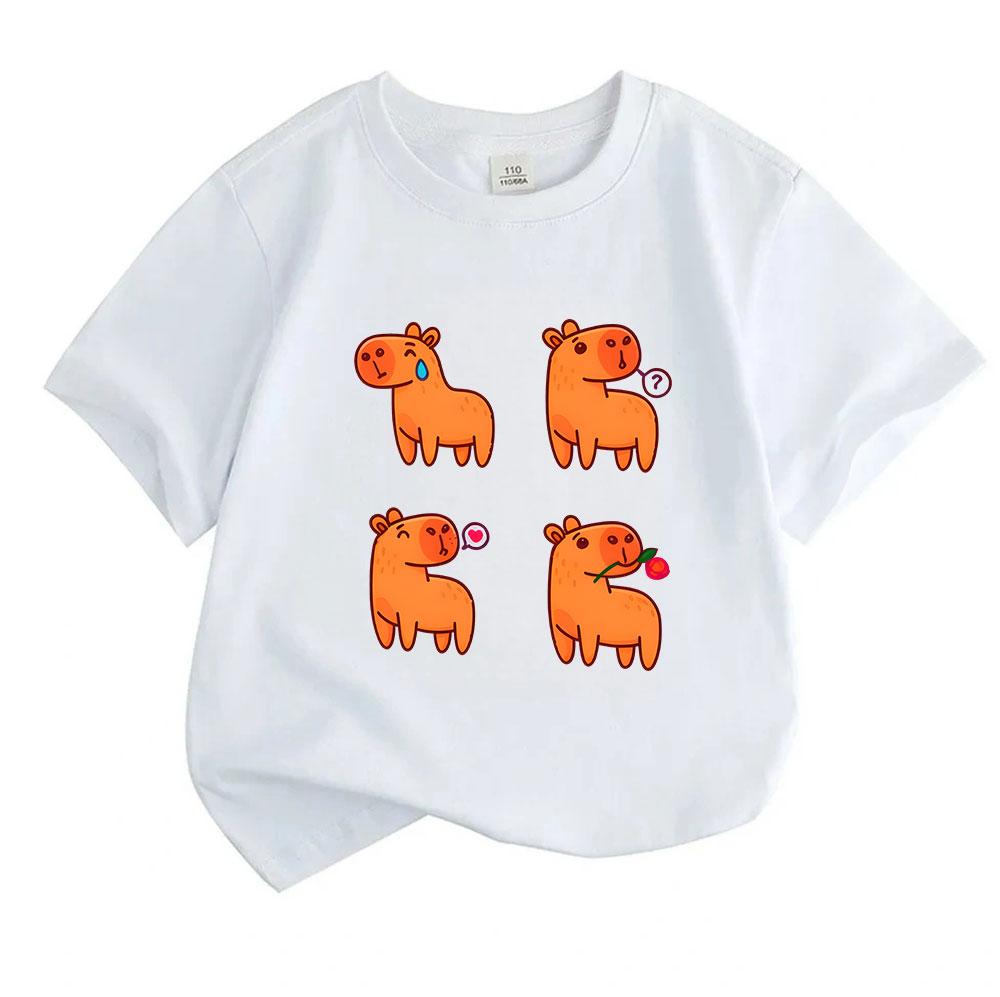 Kids Boys Girls 100% Cotton Crew Neck Short Sleeve T-Shirt, Cute Cartoon Orange Capybara 4-Panel Funny Graphic Casual Lightweight Summer Tee for Child