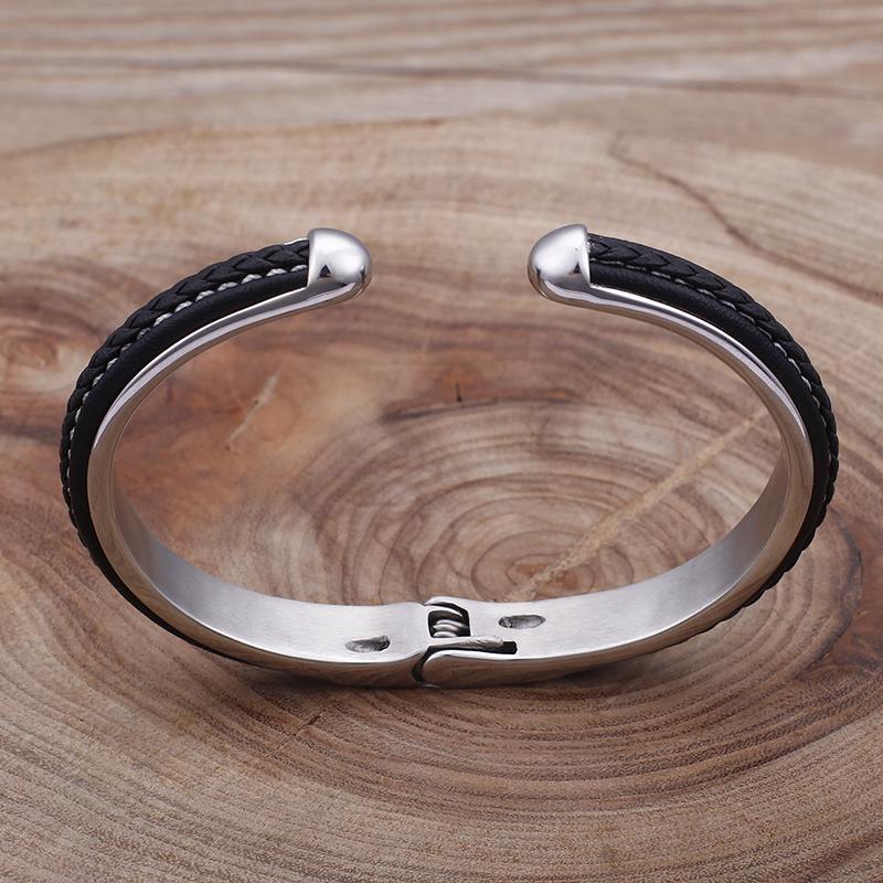 KALEN Stainless Steel Black Leather Bangle Charm Cuff Bracelets & Bangles for Men